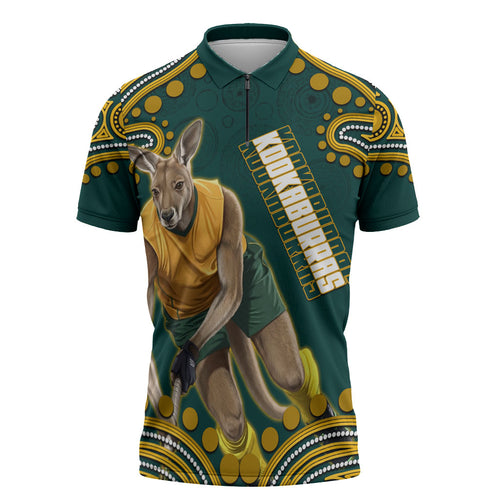 Personalized Kookaburras Field Hockey Kangaroo Zipper Polo Shirt Indigenous Australian Dot Art Style In Green And Gold