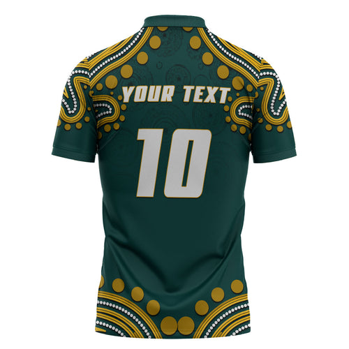 Personalized Kookaburras Field Hockey Kangaroo Zipper Polo Shirt Indigenous Australian Dot Art Style In Green And Gold