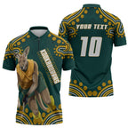 Personalized Kookaburras Field Hockey Kangaroo Zipper Polo Shirt Indigenous Australian Dot Art Style In Green And Gold