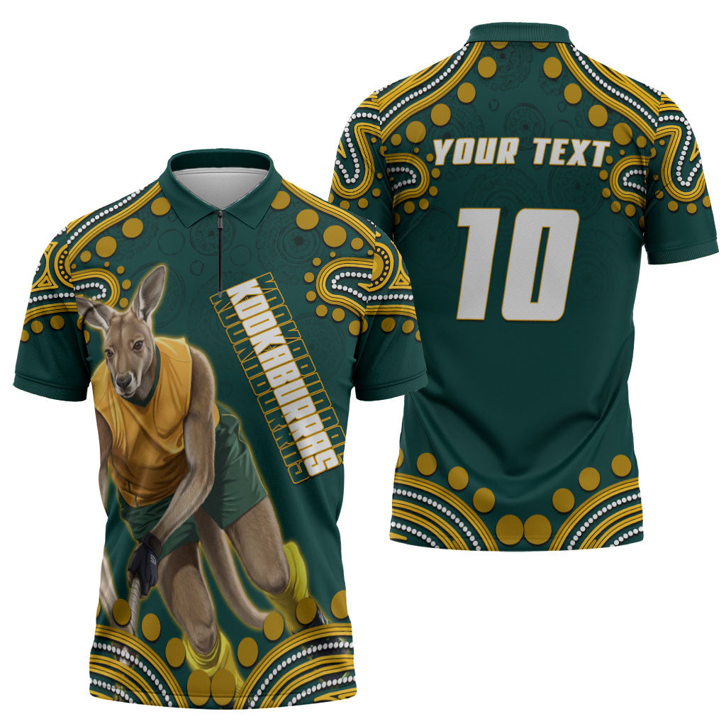 Personalized Kookaburras Field Hockey Kangaroo Zipper Polo Shirt Indigenous Australian Dot Art Style In Green And Gold