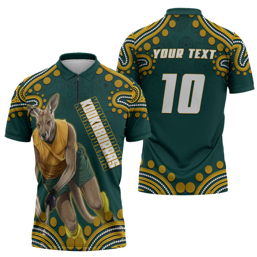 Personalized Kookaburras Field Hockey Kangaroo Zipper Polo Shirt Indigenous Australian Dot Art Style In Green And Gold