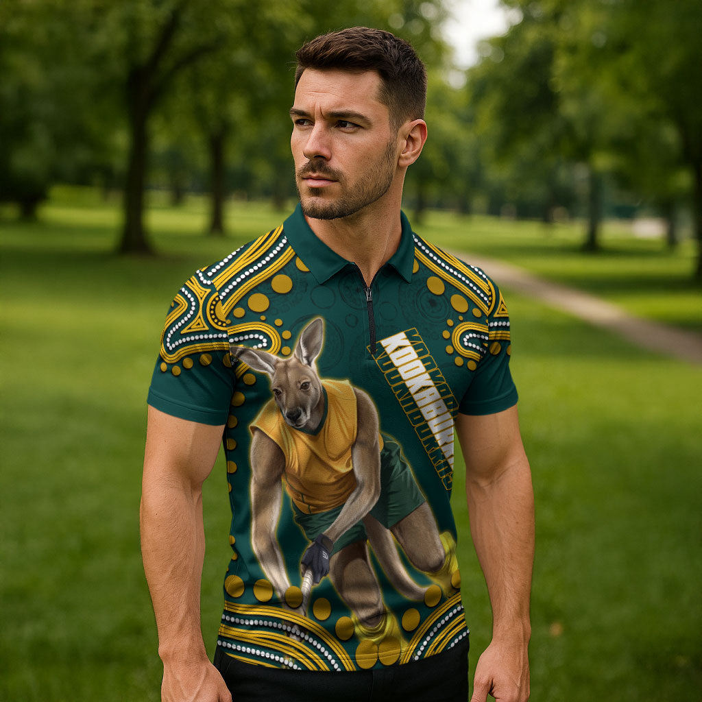 Personalized Kookaburras Field Hockey Kangaroo Zipper Polo Shirt Indigenous Australian Dot Art Style In Green And Gold