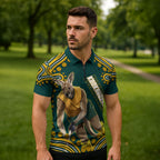 Personalized Kookaburras Field Hockey Kangaroo Zipper Polo Shirt Indigenous Australian Dot Art Style In Green And Gold