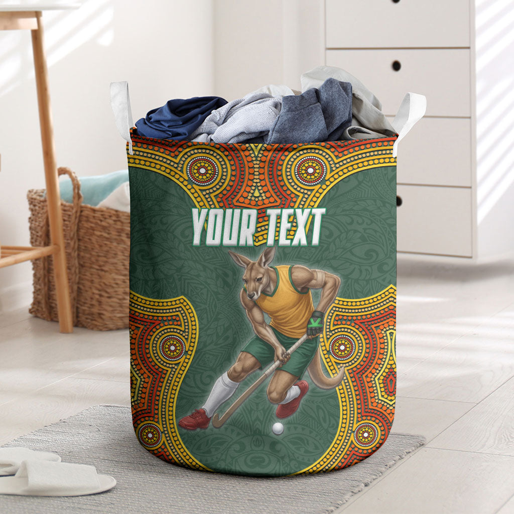 Personalized Kookaburras Field Hockey Laundry Basket Kangaroo Australian Indigenous Dot Art Style With Vibrant Sun Patterns