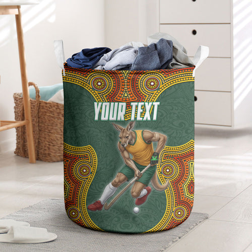 Personalized Kookaburras Field Hockey Laundry Basket Kangaroo Australian Indigenous Dot Art Style With Vibrant Sun Patterns