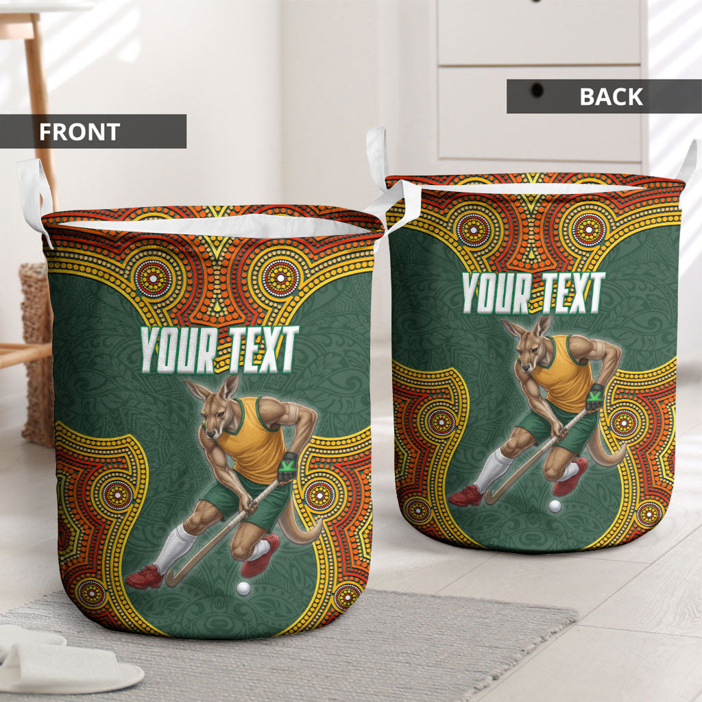 Personalized Kookaburras Field Hockey Laundry Basket Kangaroo Australian Indigenous Dot Art Style With Vibrant Sun Patterns
