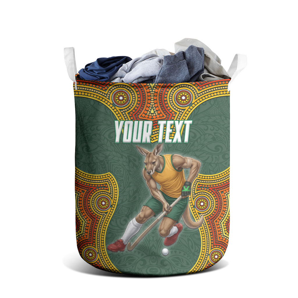 Personalized Kookaburras Field Hockey Laundry Basket Kangaroo Australian Indigenous Dot Art Style With Vibrant Sun Patterns