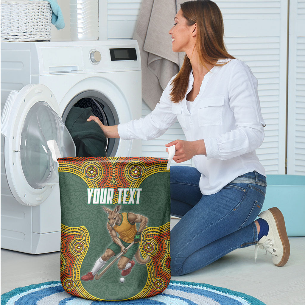 Personalized Kookaburras Field Hockey Laundry Basket Kangaroo Australian Indigenous Dot Art Style With Vibrant Sun Patterns