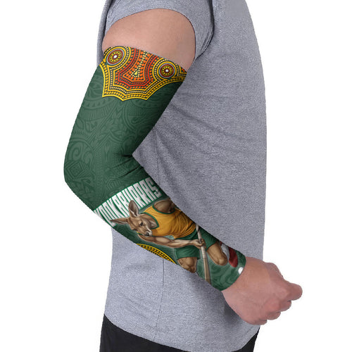 Personalized Kookaburras Field Hockey Arm Sleeves Kangaroo Australian Indigenous Dot Art Style With Vibrant Sun Patterns