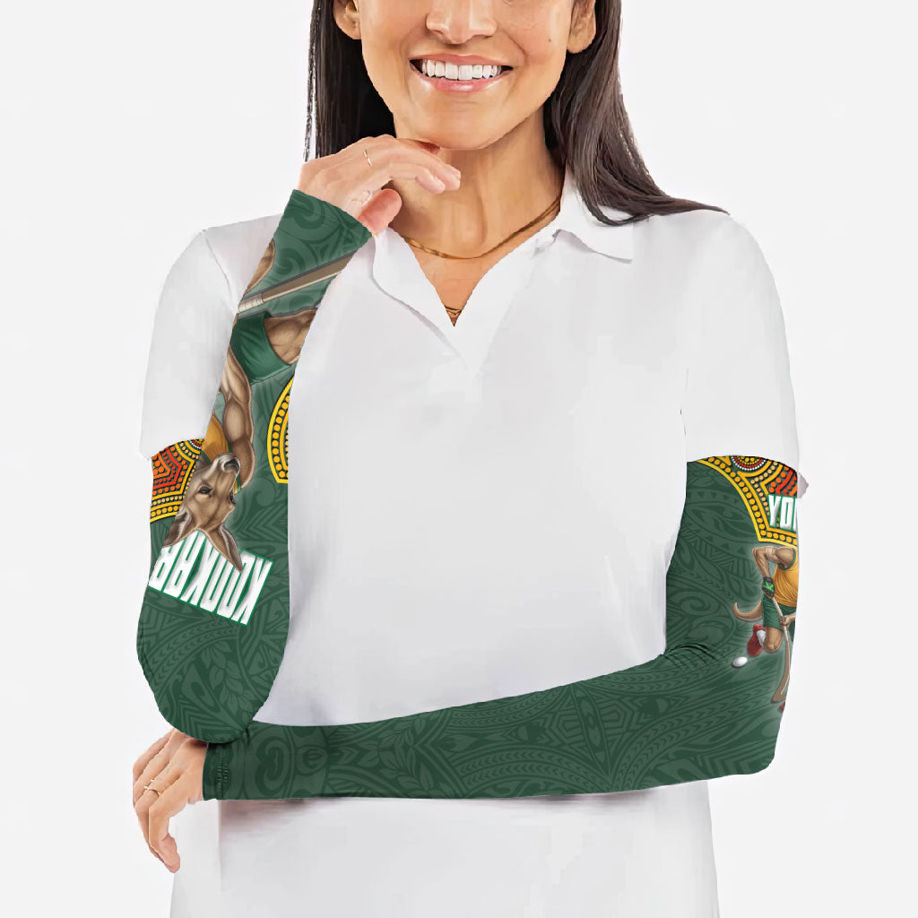 Personalized Kookaburras Field Hockey Arm Sleeves Kangaroo Australian Indigenous Dot Art Style With Vibrant Sun Patterns