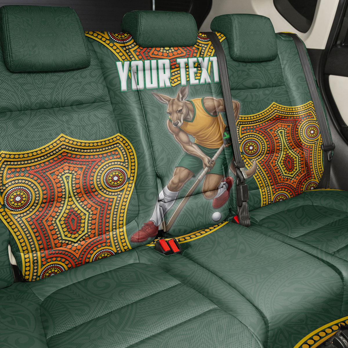Personalized Kookaburras Field Hockey Back Car Seat Cover Kangaroo Australian Indigenous Dot Art Style With Vibrant Sun Patterns