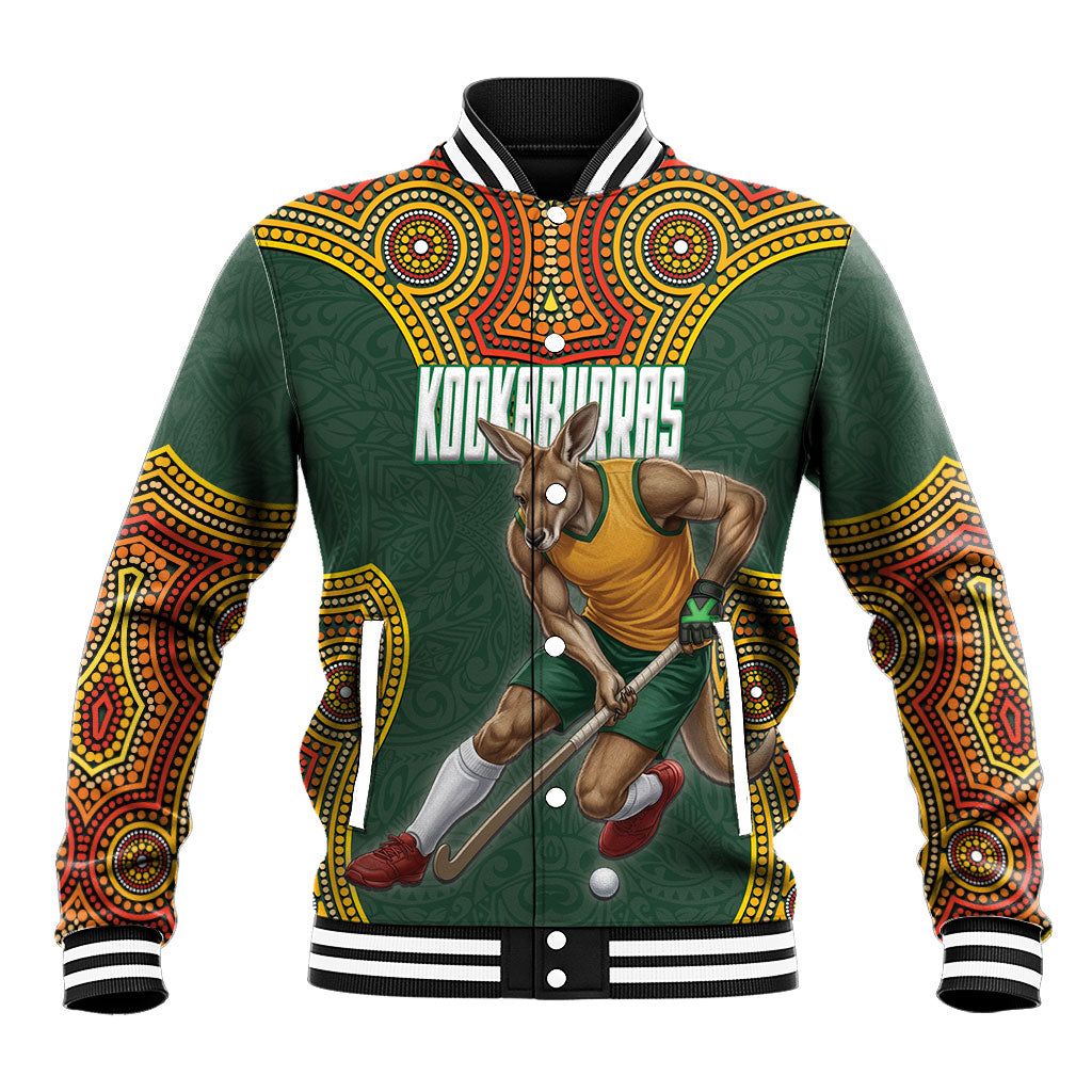 Personalized Kookaburras Field Hockey Baseball Jacket Kangaroo Australian Indigenous Dot Art Style With Vibrant Sun Patterns