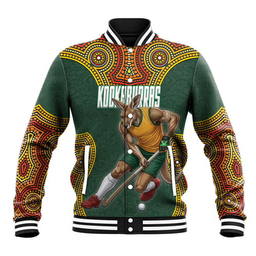 Personalized Kookaburras Field Hockey Baseball Jacket Kangaroo Australian Indigenous Dot Art Style With Vibrant Sun Patterns