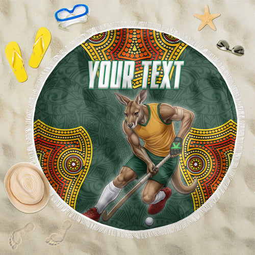 Personalized Kookaburras Field Hockey Beach Blanket Kangaroo Australian Indigenous Dot Art Style With Vibrant Sun Patterns