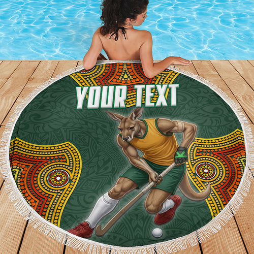 Personalized Kookaburras Field Hockey Beach Blanket Kangaroo Australian Indigenous Dot Art Style With Vibrant Sun Patterns