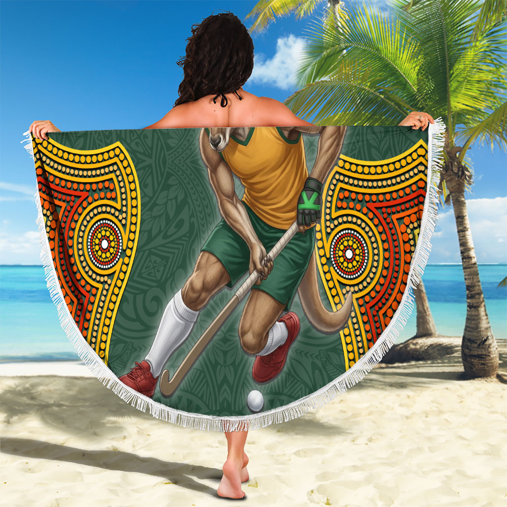 Personalized Kookaburras Field Hockey Beach Blanket Kangaroo Australian Indigenous Dot Art Style With Vibrant Sun Patterns