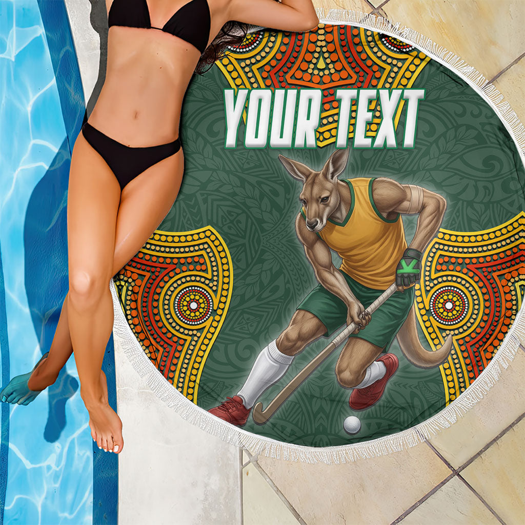Personalized Kookaburras Field Hockey Beach Blanket Kangaroo Australian Indigenous Dot Art Style With Vibrant Sun Patterns