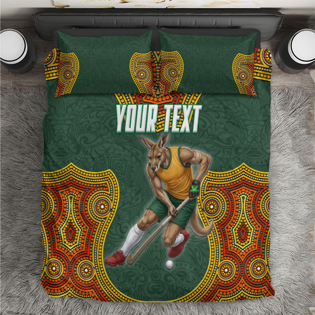 Personalized Kookaburras Field Hockey Bedding Set Kangaroo Australian Indigenous Dot Art Style With Vibrant Sun Patterns