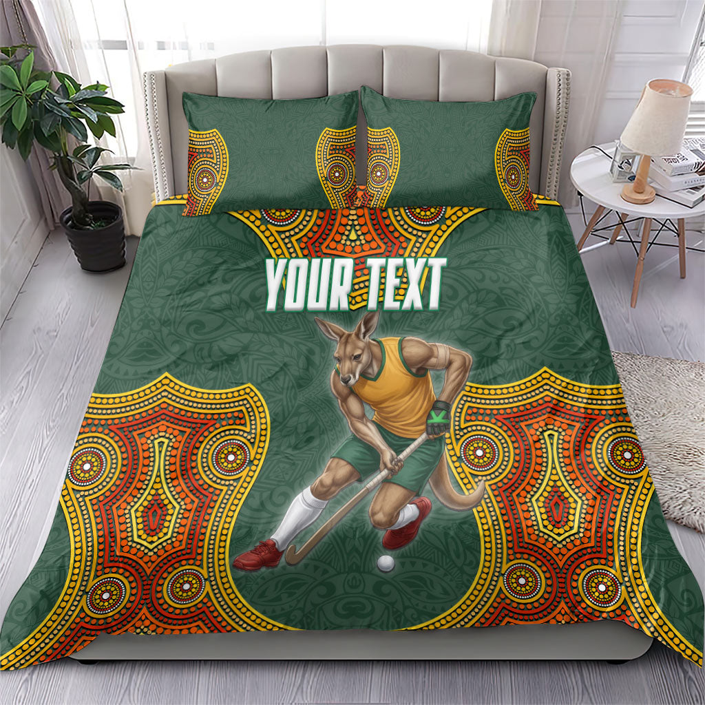 Personalized Kookaburras Field Hockey Bedding Set Kangaroo Australian Indigenous Dot Art Style With Vibrant Sun Patterns