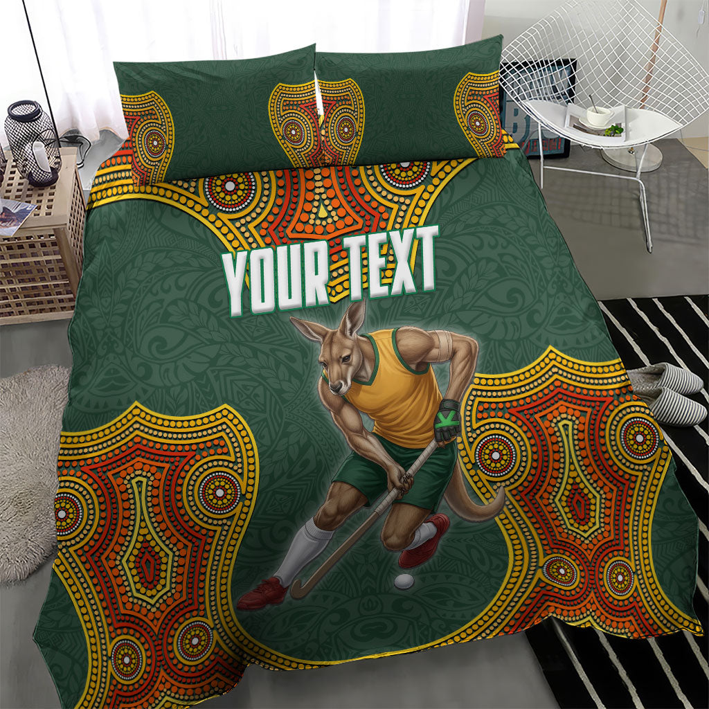 Personalized Kookaburras Field Hockey Bedding Set Kangaroo Australian Indigenous Dot Art Style With Vibrant Sun Patterns