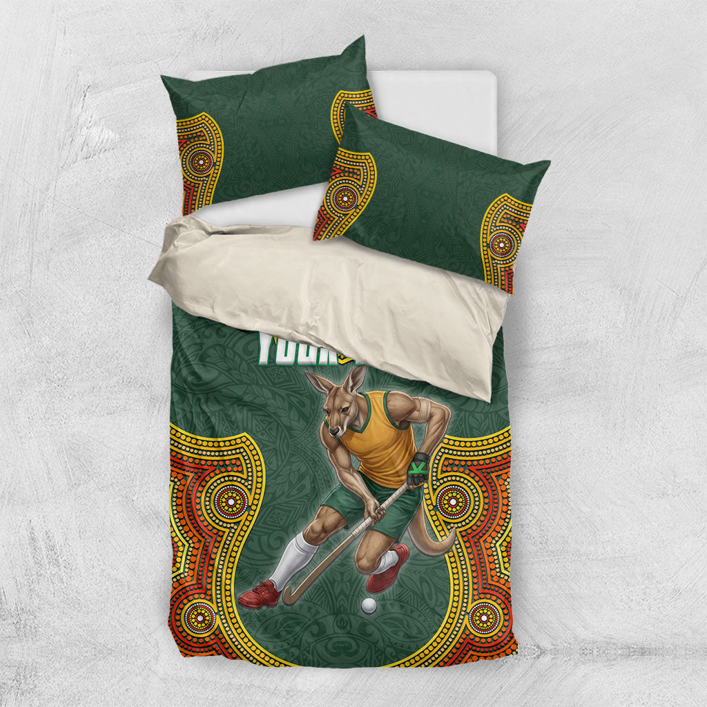 Personalized Kookaburras Field Hockey Bedding Set Kangaroo Australian Indigenous Dot Art Style With Vibrant Sun Patterns