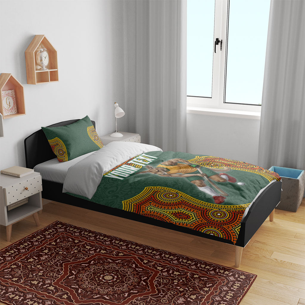 Personalized Kookaburras Field Hockey Bedding Set Kangaroo Australian Indigenous Dot Art Style With Vibrant Sun Patterns