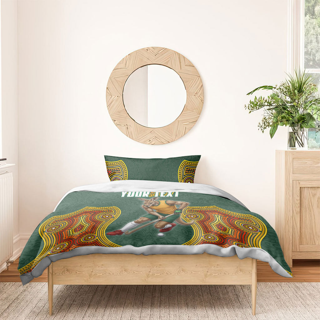 Personalized Kookaburras Field Hockey Bedding Set Kangaroo Australian Indigenous Dot Art Style With Vibrant Sun Patterns