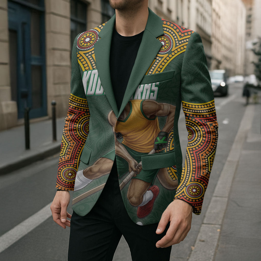 Personalized Kookaburras Field Hockey Blazer Kangaroo Australian Indigenous Dot Art Style With Vibrant Sun Patterns