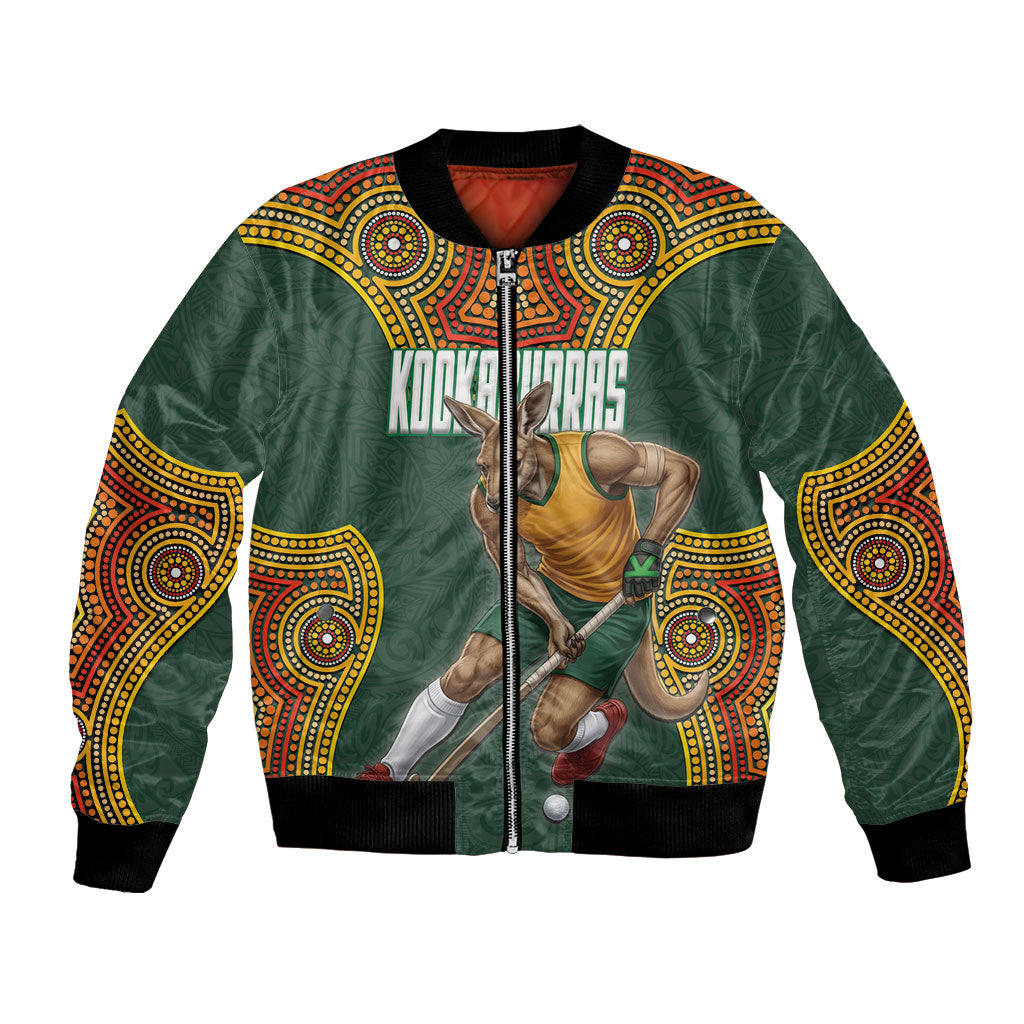 Personalized Kookaburras Field Hockey Bomber Jacket Kangaroo Australian Indigenous Dot Art Style With Vibrant Sun Patterns