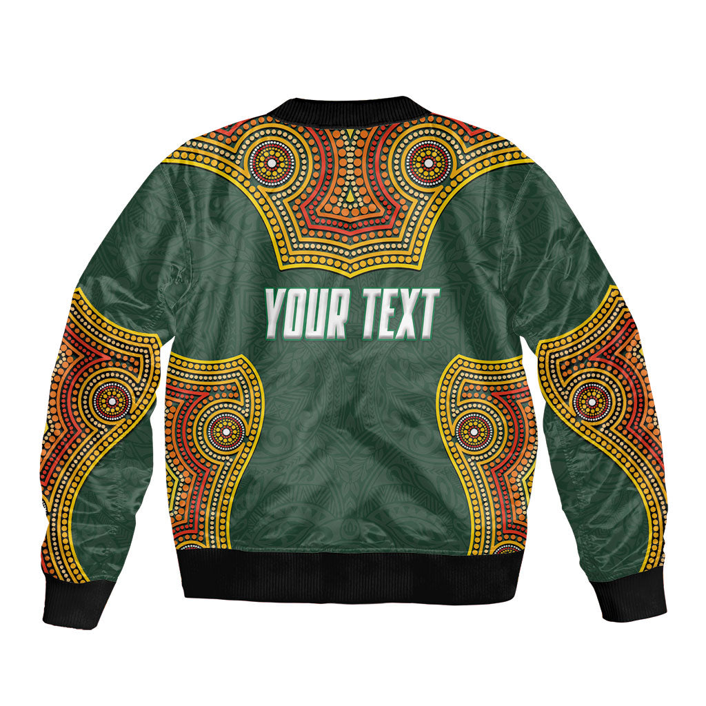 Personalized Kookaburras Field Hockey Bomber Jacket Kangaroo Australian Indigenous Dot Art Style With Vibrant Sun Patterns