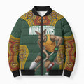Personalized Kookaburras Field Hockey Bomber Puffer Jacket Kangaroo Australian Indigenous Dot Art Style With Vibrant Sun Patterns