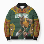 Personalized Kookaburras Field Hockey Bomber Puffer Jacket Kangaroo Australian Indigenous Dot Art Style With Vibrant Sun Patterns