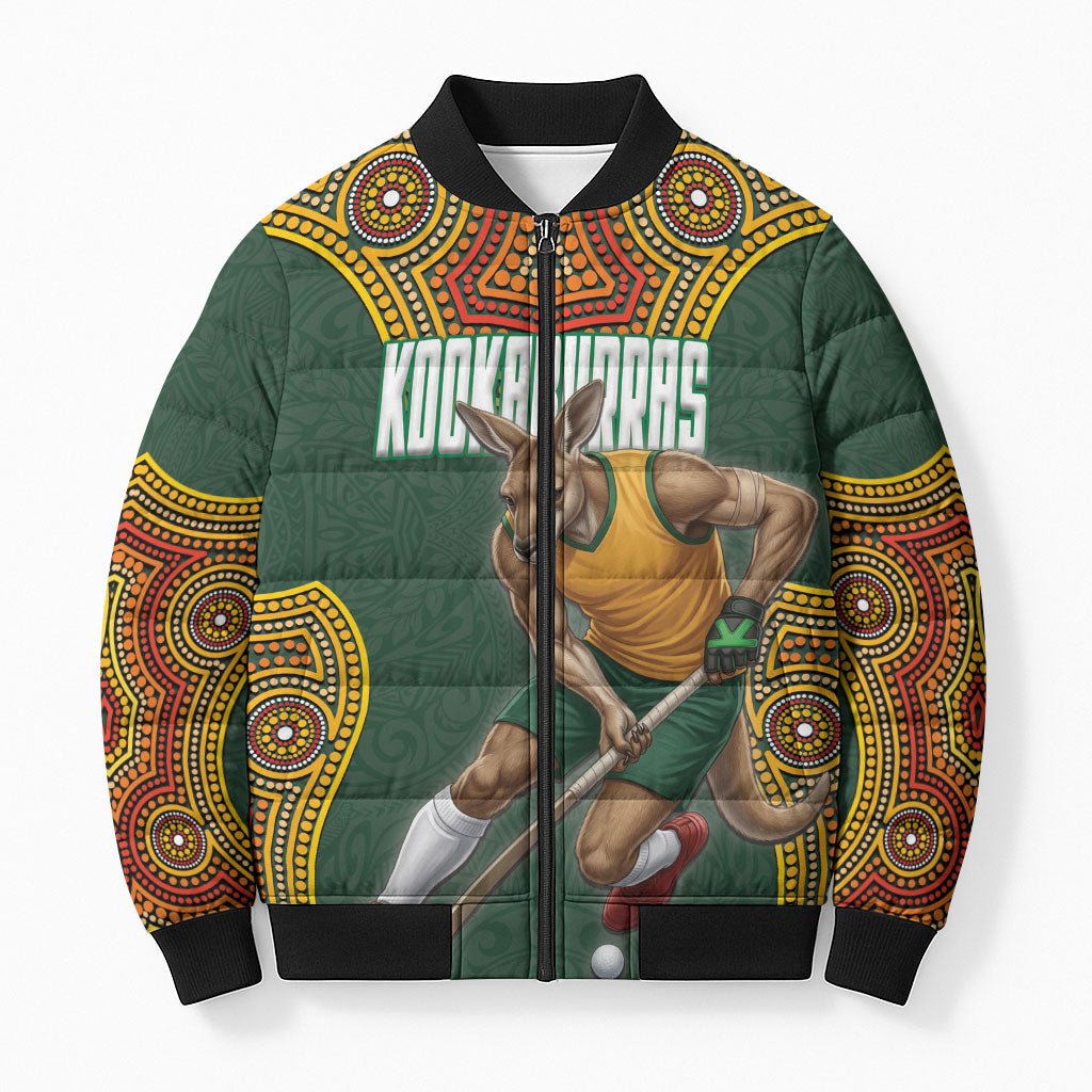 Personalized Kookaburras Field Hockey Bomber Puffer Jacket Kangaroo Australian Indigenous Dot Art Style With Vibrant Sun Patterns