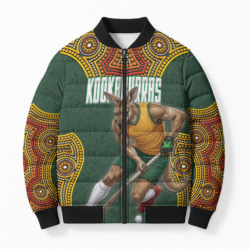Personalized Kookaburras Field Hockey Bomber Puffer Jacket Kangaroo Australian Indigenous Dot Art Style With Vibrant Sun Patterns