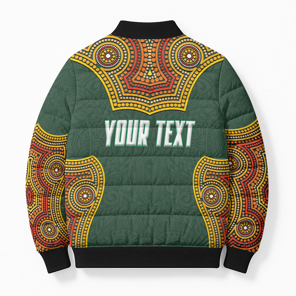 Personalized Kookaburras Field Hockey Bomber Puffer Jacket Kangaroo Australian Indigenous Dot Art Style With Vibrant Sun Patterns