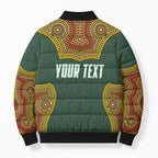 Personalized Kookaburras Field Hockey Bomber Puffer Jacket Kangaroo Australian Indigenous Dot Art Style With Vibrant Sun Patterns