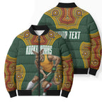 Personalized Kookaburras Field Hockey Bomber Puffer Jacket Kangaroo Australian Indigenous Dot Art Style With Vibrant Sun Patterns