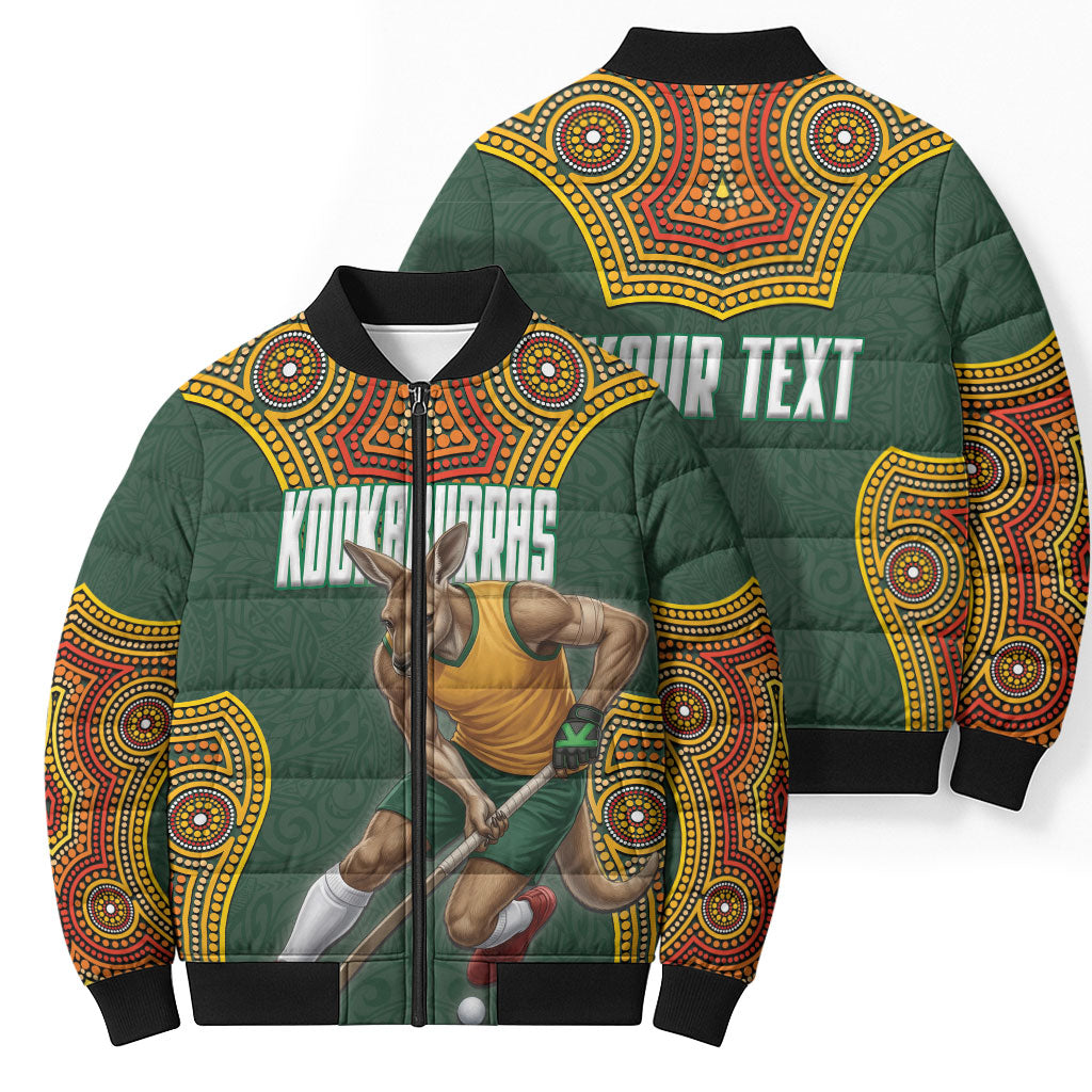 Personalized Kookaburras Field Hockey Bomber Puffer Jacket Kangaroo Australian Indigenous Dot Art Style With Vibrant Sun Patterns