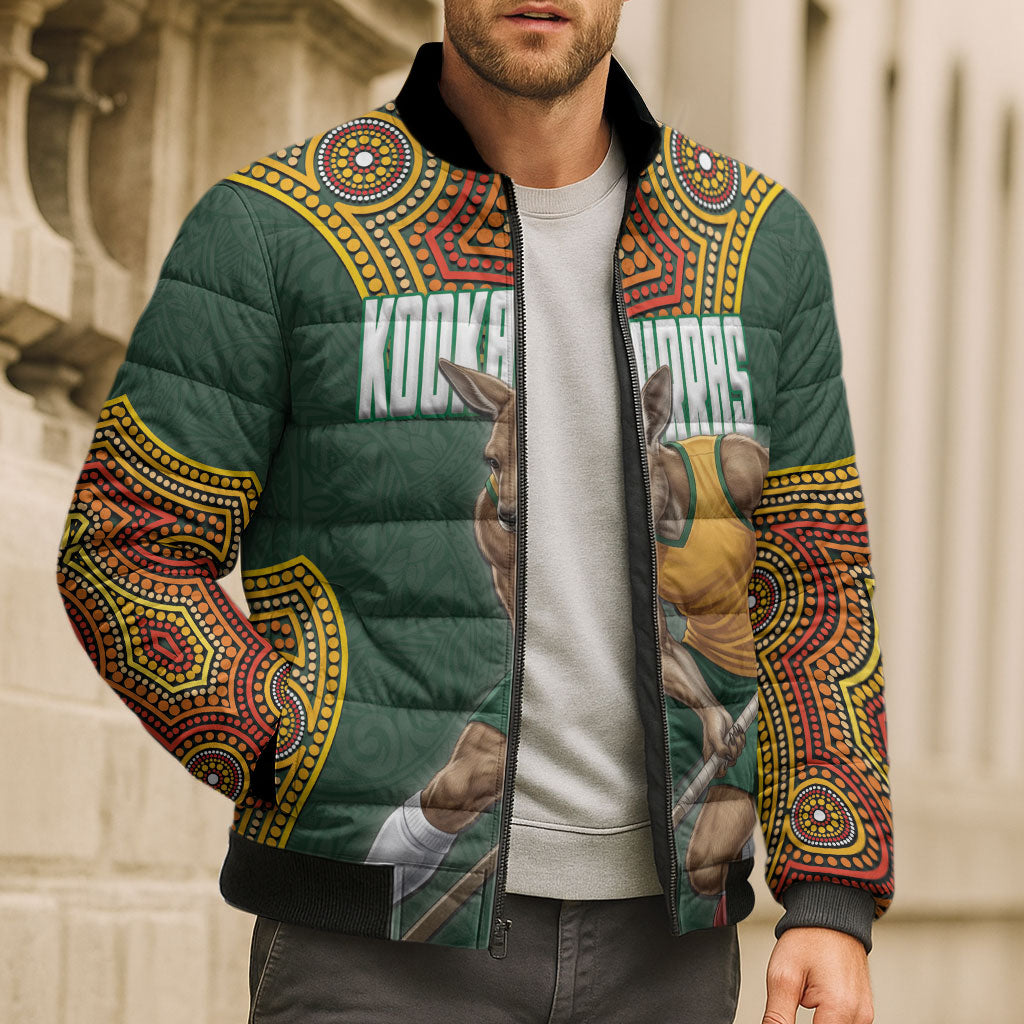 Personalized Kookaburras Field Hockey Bomber Puffer Jacket Kangaroo Australian Indigenous Dot Art Style With Vibrant Sun Patterns