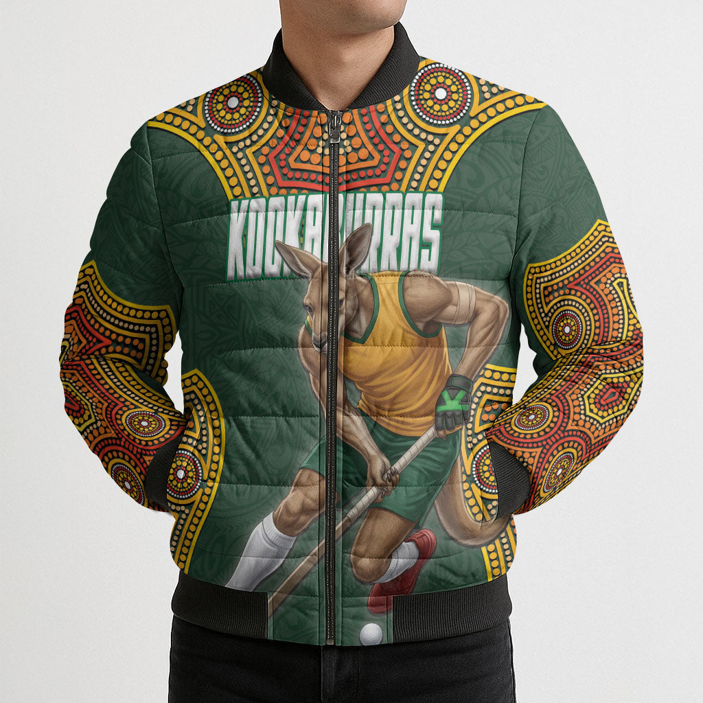 Personalized Kookaburras Field Hockey Bomber Puffer Jacket Kangaroo Australian Indigenous Dot Art Style With Vibrant Sun Patterns