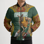 Personalized Kookaburras Field Hockey Bomber Puffer Jacket Kangaroo Australian Indigenous Dot Art Style With Vibrant Sun Patterns