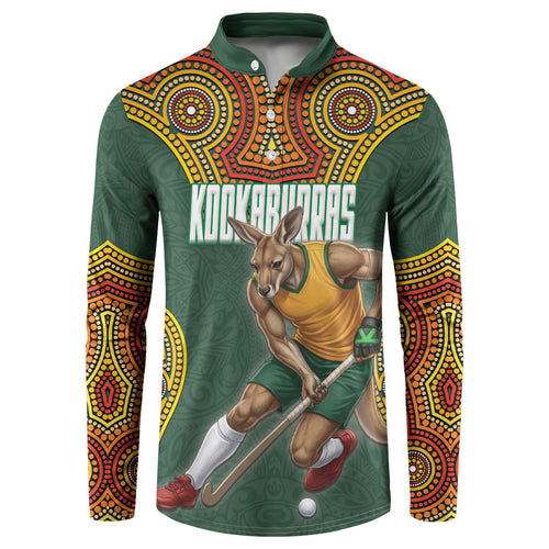 Personalized Kookaburras Field Hockey Button Sweatshirt Kangaroo Australian Indigenous Dot Art Style With Vibrant Sun Patterns