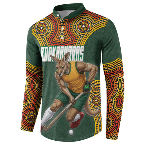 Personalized Kookaburras Field Hockey Button Sweatshirt Kangaroo Australian Indigenous Dot Art Style With Vibrant Sun Patterns