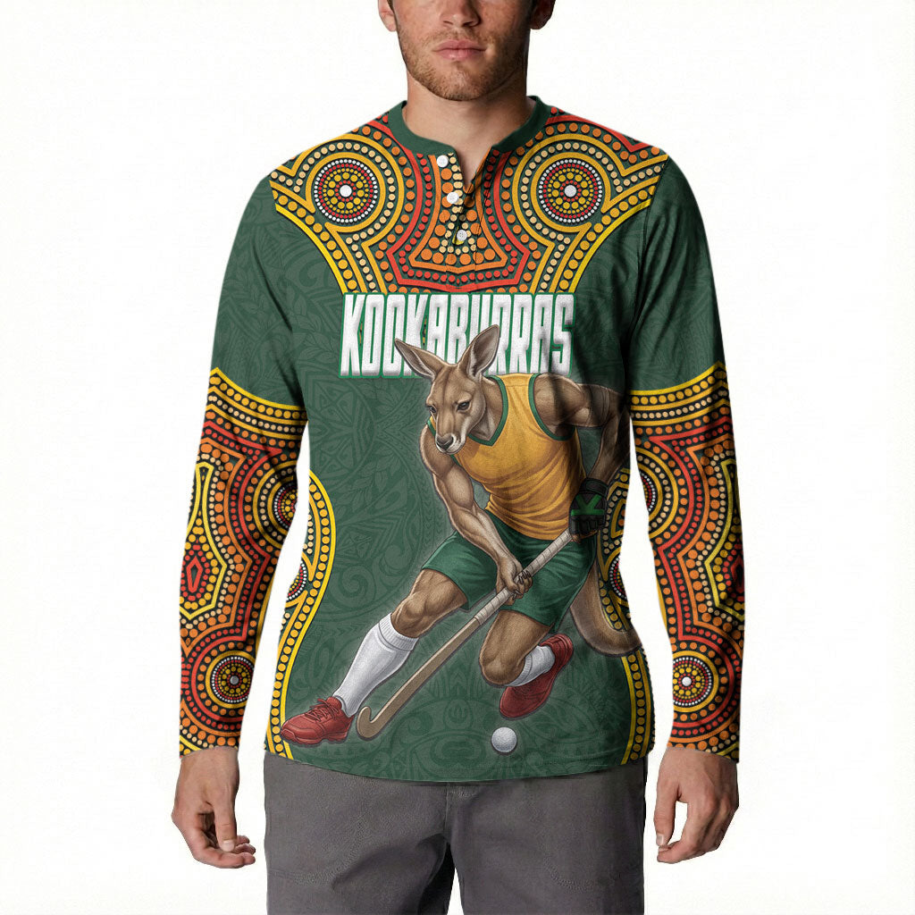 Personalized Kookaburras Field Hockey Button Sweatshirt Kangaroo Australian Indigenous Dot Art Style With Vibrant Sun Patterns
