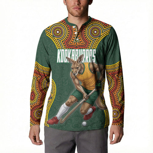 Personalized Kookaburras Field Hockey Button Sweatshirt Kangaroo Australian Indigenous Dot Art Style With Vibrant Sun Patterns
