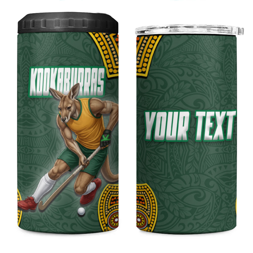 Personalized Kookaburras Field Hockey 4 in 1 Can Cooler Tumbler Kangaroo Australian Indigenous Dot Art Style With Vibrant Sun Patterns