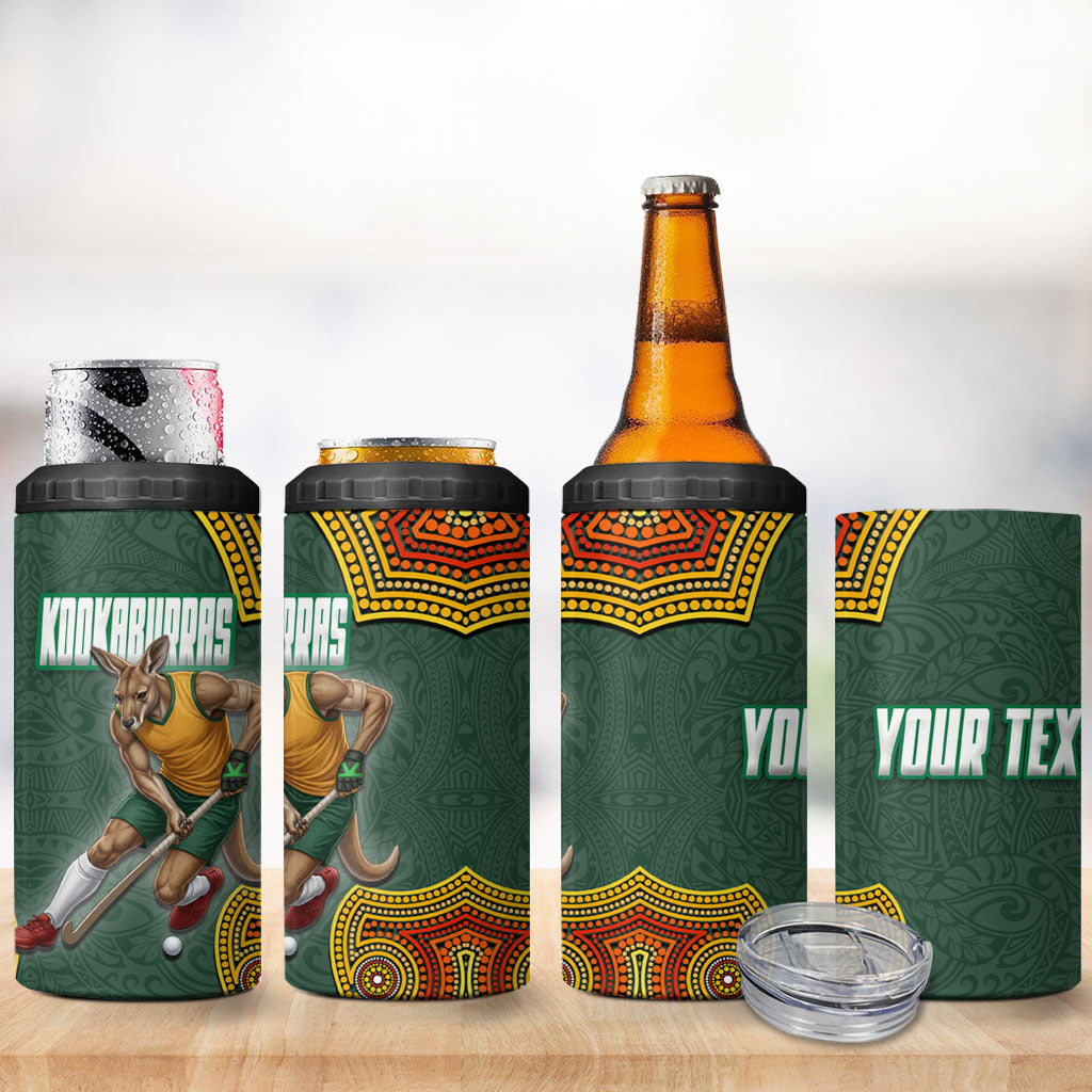 Personalized Kookaburras Field Hockey 4 in 1 Can Cooler Tumbler Kangaroo Australian Indigenous Dot Art Style With Vibrant Sun Patterns