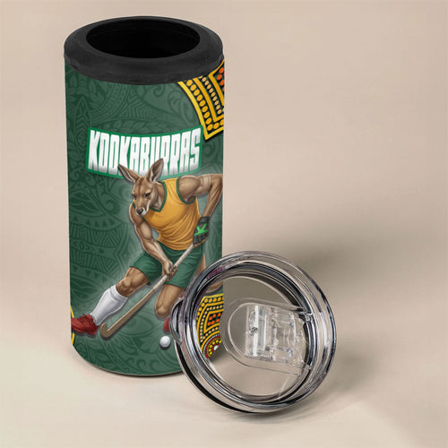 Personalized Kookaburras Field Hockey 4 in 1 Can Cooler Tumbler Kangaroo Australian Indigenous Dot Art Style With Vibrant Sun Patterns