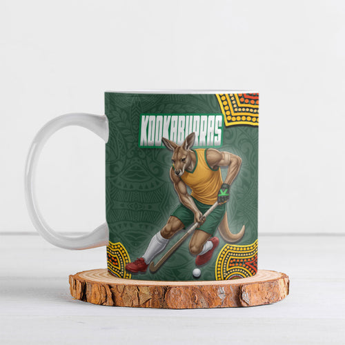 Personalized Kookaburras Field Hockey Ceramic Mug Kangaroo Australian Indigenous Dot Art Style With Vibrant Sun Patterns