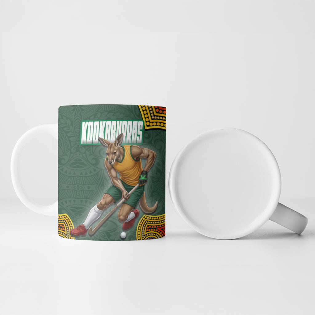Personalized Kookaburras Field Hockey Ceramic Mug Kangaroo Australian Indigenous Dot Art Style With Vibrant Sun Patterns